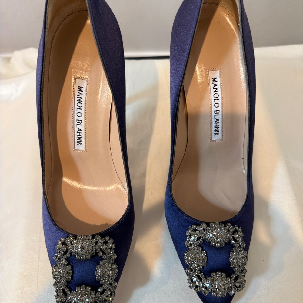 Manolo Blahnik Navy Satin Crystal Heels